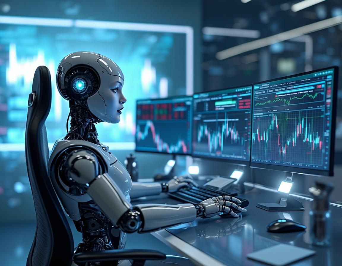 A humanoid AI trading bot works at a sleek workstation analyzing market data on multiple screens.