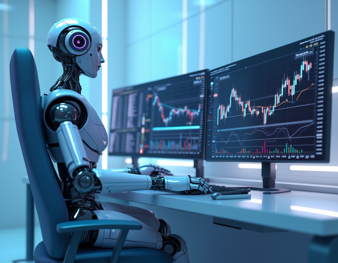 A hyper-realistic AI trading bot in a futuristic setting, analyzing market data on multiple screens.