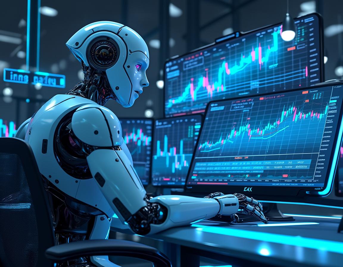 A hyper-realistic AI trading bot analyzes market data in a futuristic financial environment.