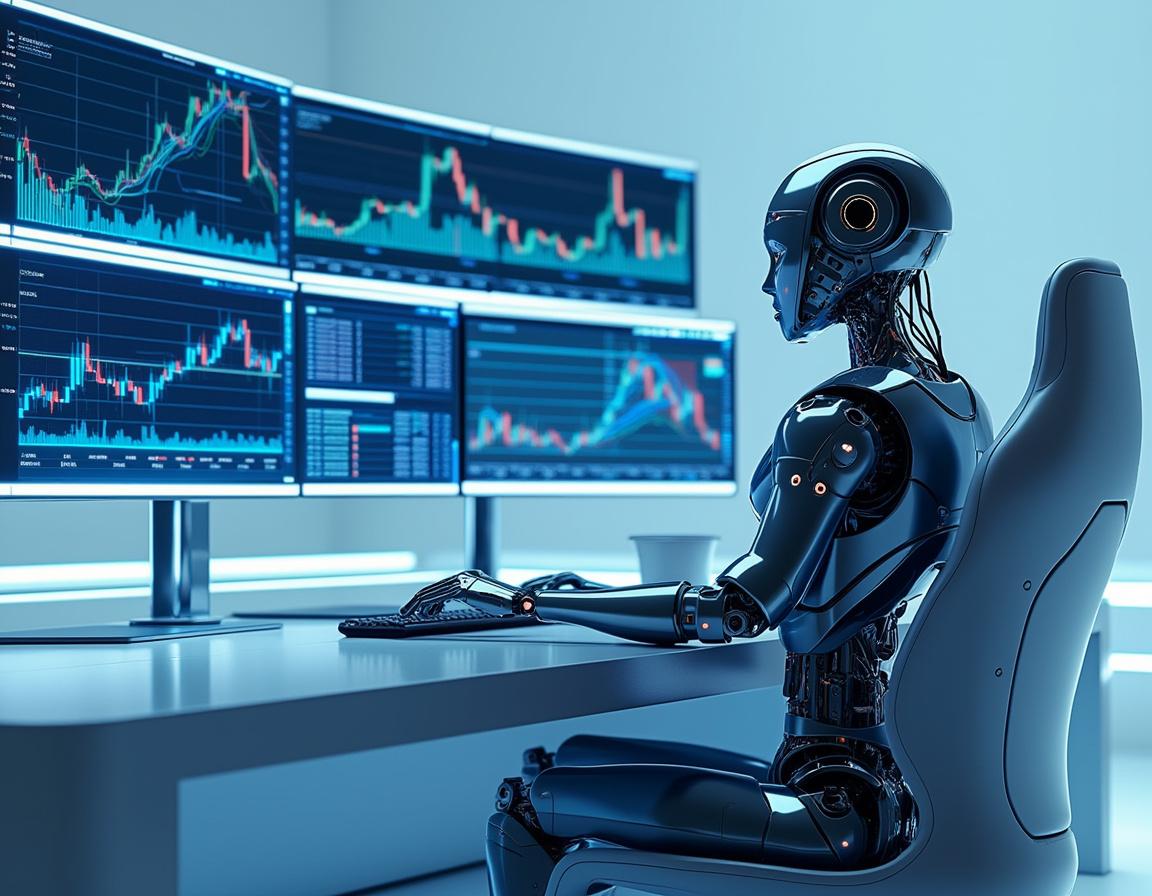 A hyper-realistic AI trading bot analyzing market data at a high-tech workstation, vibrant visuals.