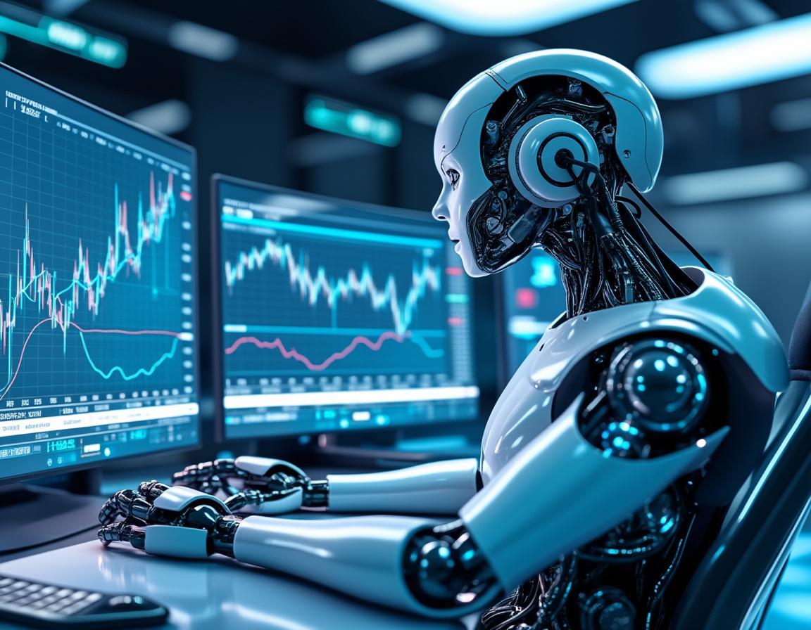 A hyper-realistic AI trading bot at a high-tech workstation analyzing stock and crypto market data.