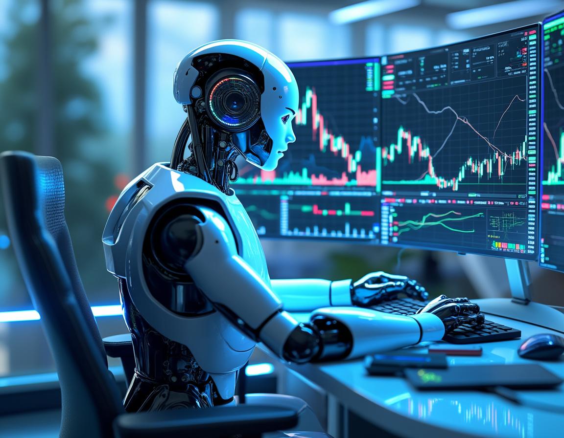 Hyper-realistic AI trading bot in a futuristic setup, analyzing market data on multiple screens.