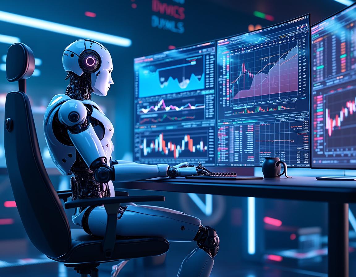 A sleek humanoid AI trading bot analyzes data at a futuristic workstation with glowing screens.