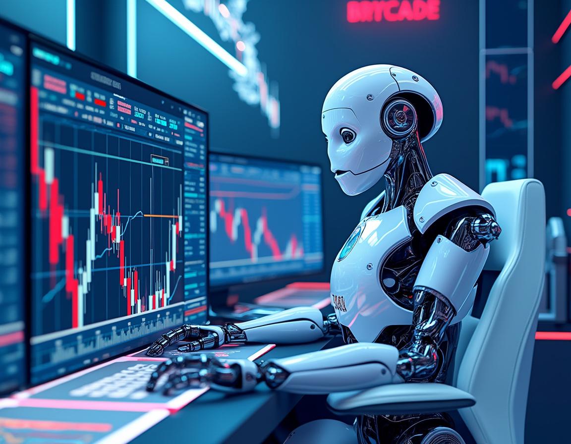 A hyper-realistic AI trading bot at a high-tech workstation analyzing stock and crypto market data.