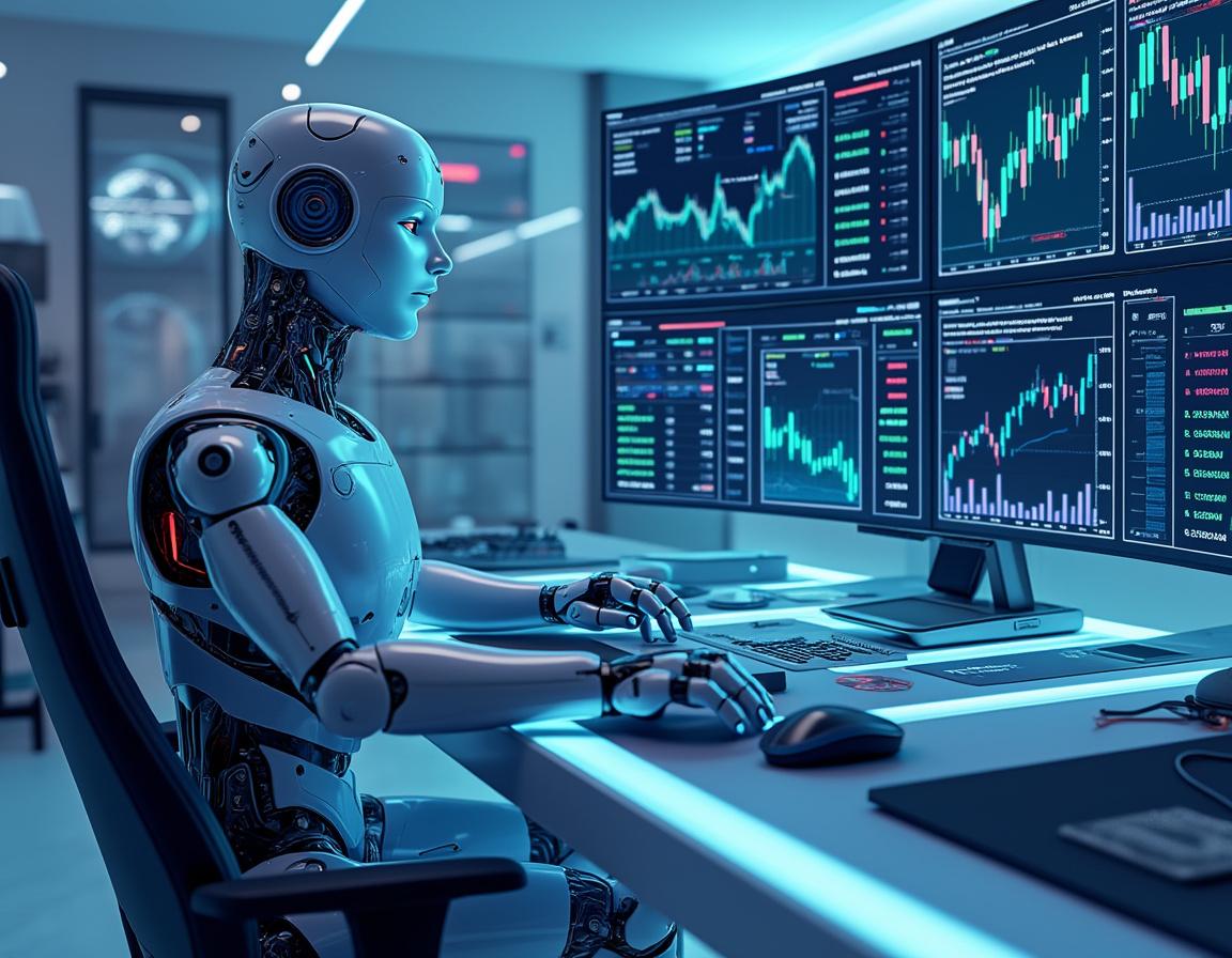 A humanoid AI trading bot at a high-tech workstation, analyzing market data on multiple screens.