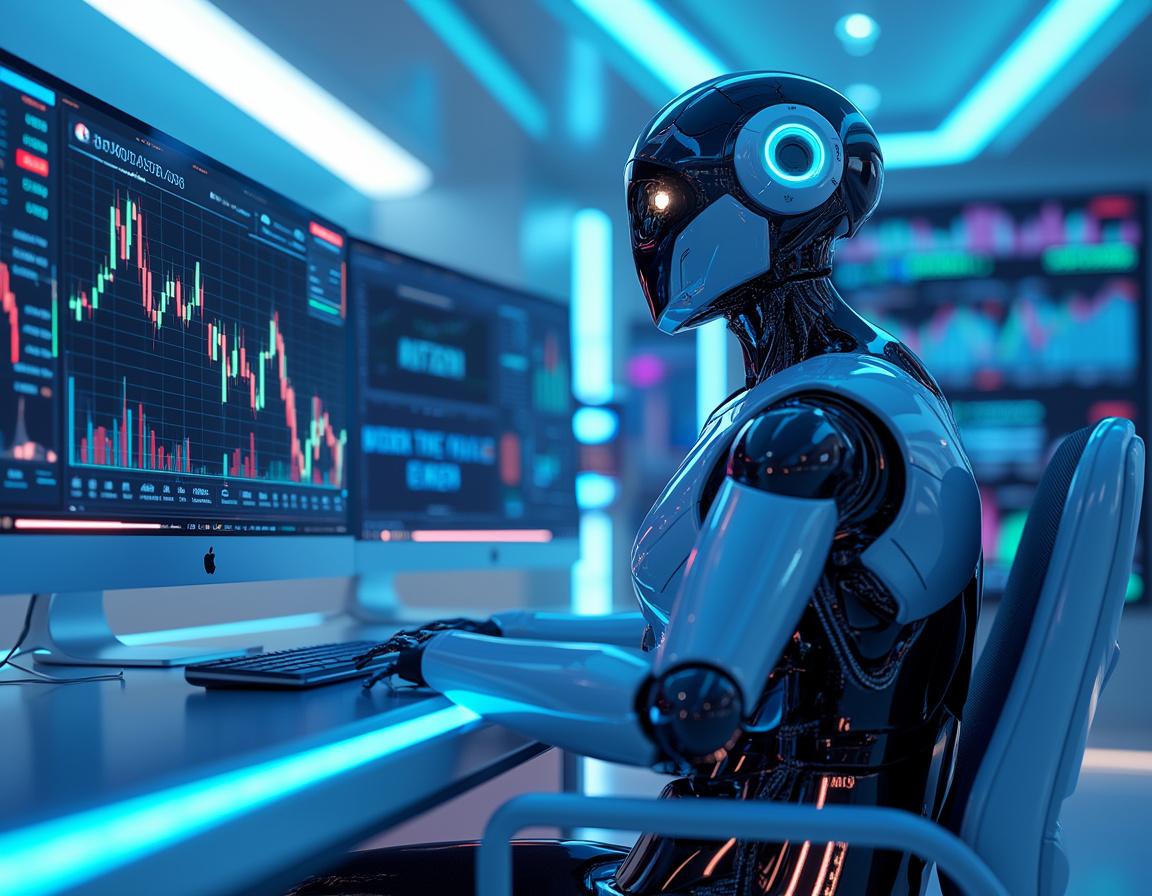 A hyper-realistic AI trading bot analyzes market data in a futuristic financial environment.