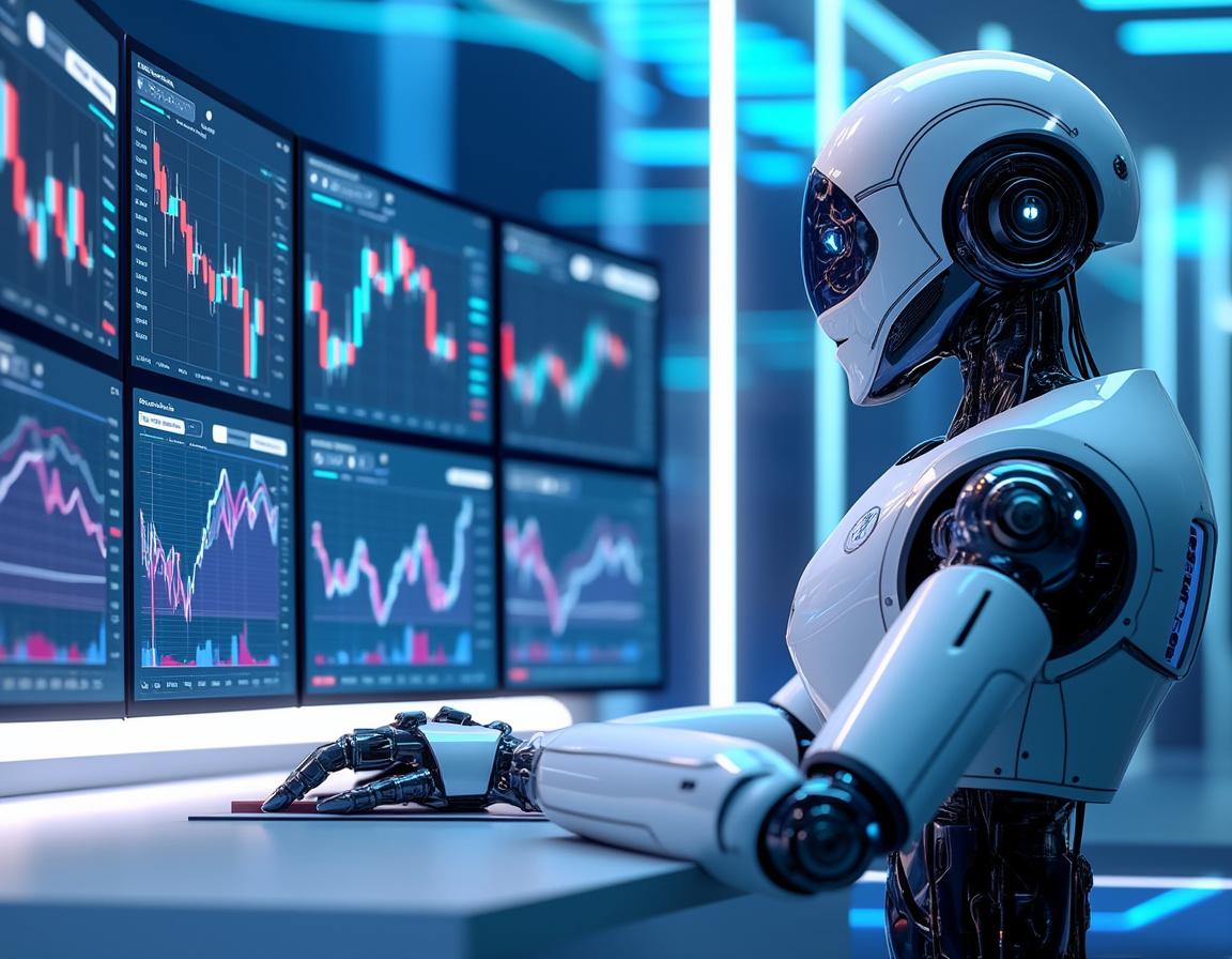A humanoid AI trading bot at a high-tech workstation analyzes market data on multiple screens.