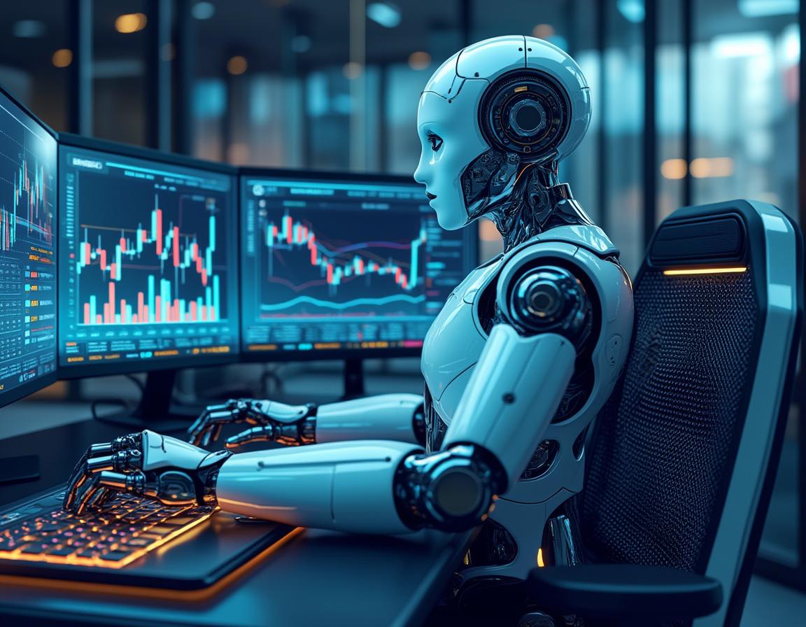 A hyper-realistic AI trading bot at a workstation, analyzing market data across multiple screens.
