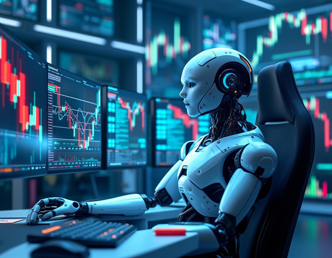 A humanoid AI trading bot in a futuristic workspace, analyzing market data on multiple screens.
