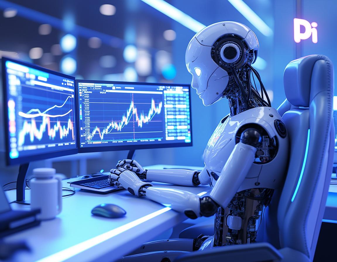 A humanoid AI trading bot at a high-tech workstation, analyzing market data on multiple screens.