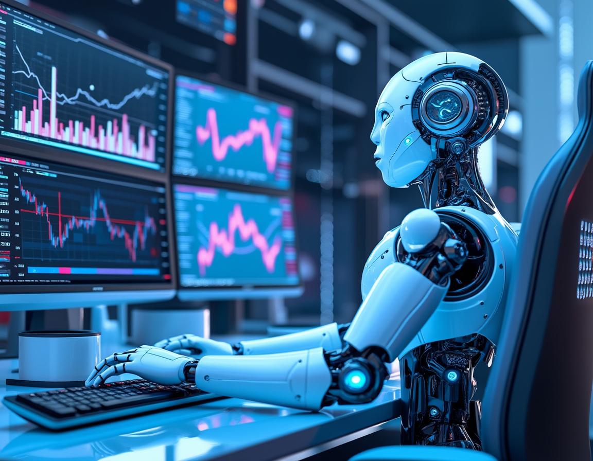 A hyper-realistic AI trading bot at a high-tech workstation analyzing stock and crypto data trends.