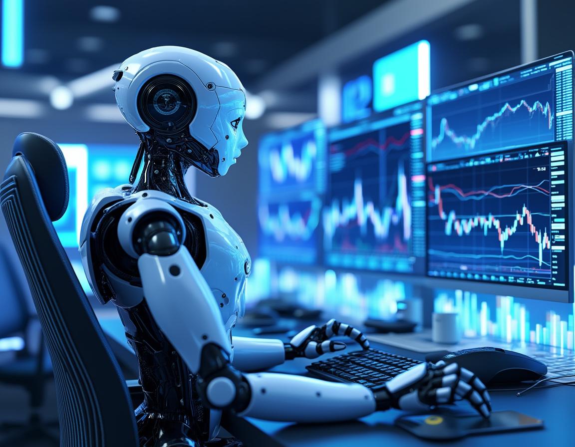 Hyper-realistic AI trading bot at a workstation, analyzing market data on multiple glowing screens.