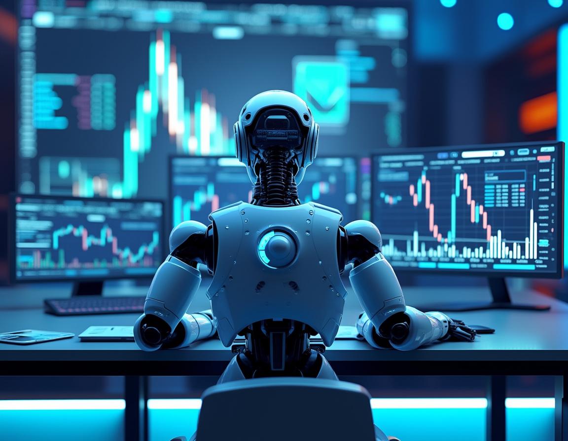 A futuristic trading bot at a high-tech workstation analyzing market data on multiple screens.