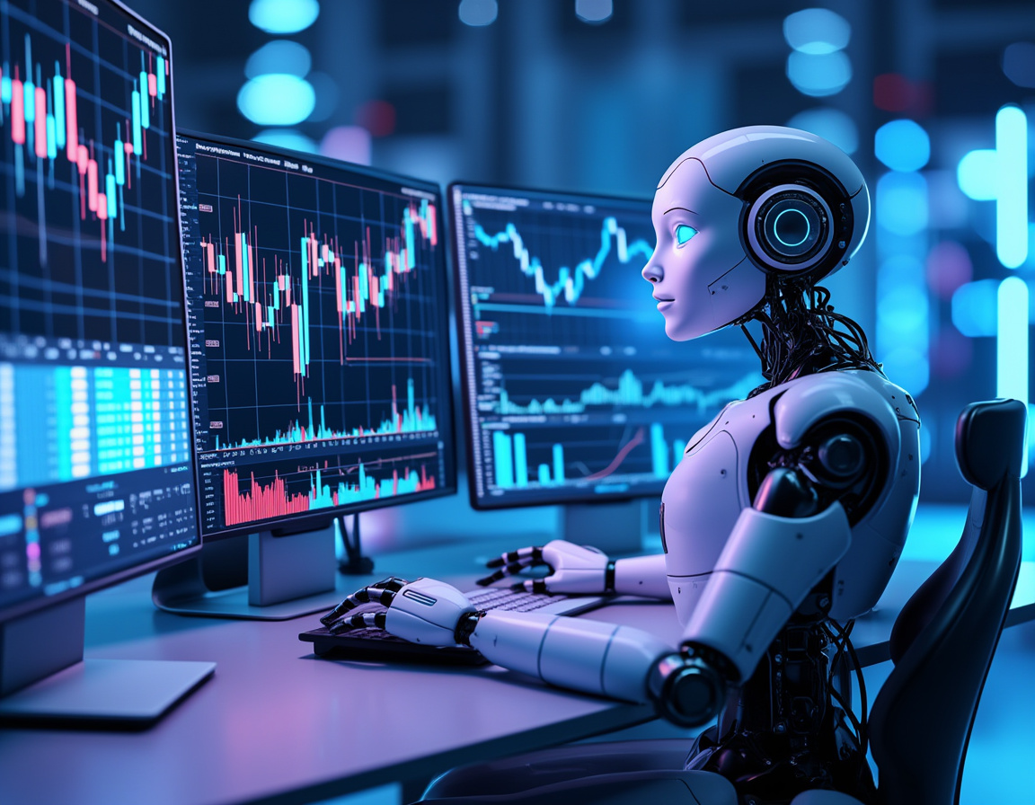 A hyper-realistic AI trading bot in a futuristic setting analyzing market data on multiple screens.