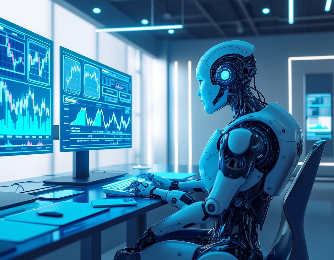 A humanoid AI trading bot analyzes market data at a high-tech workstation with multiple screens.