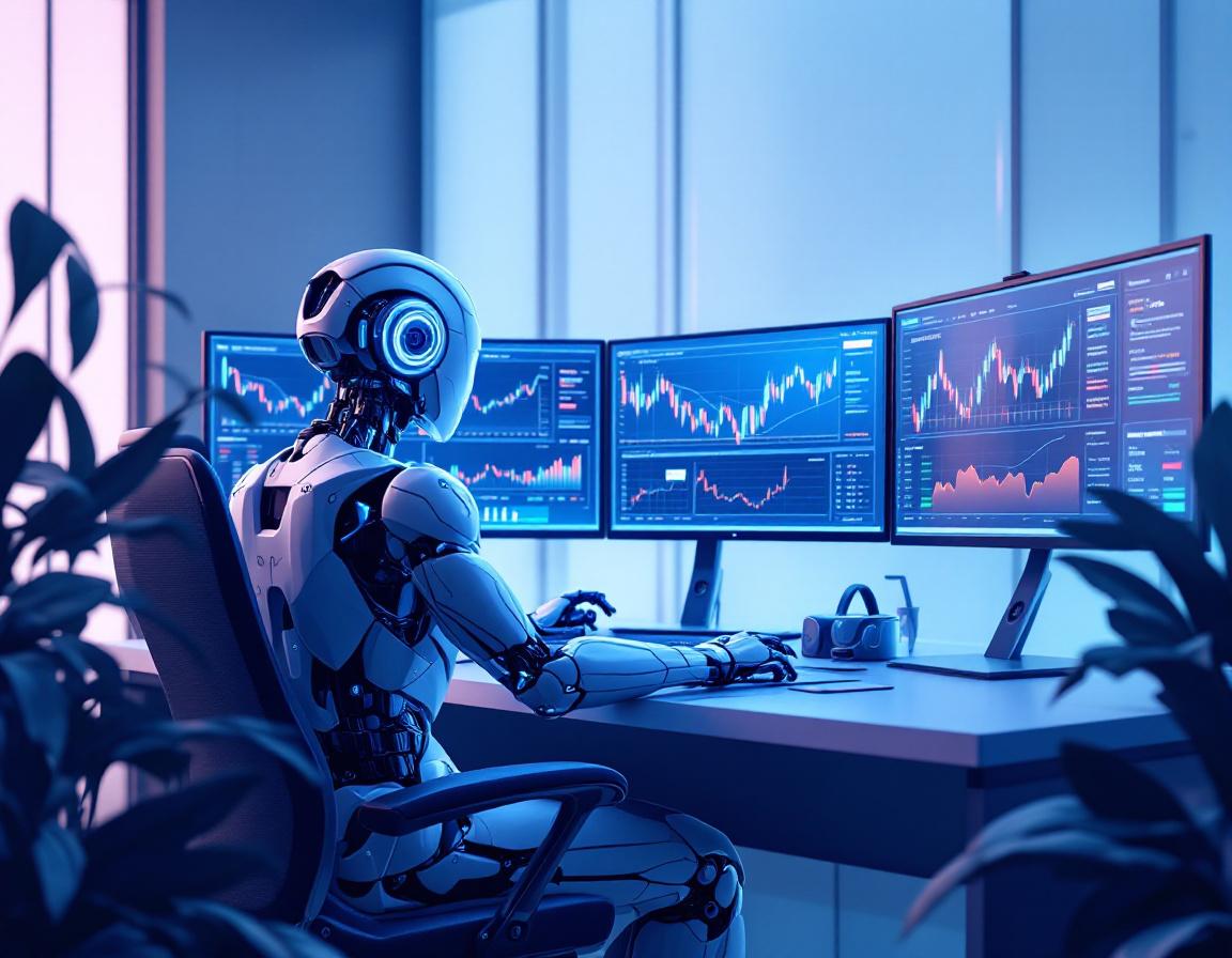 A hyper-realistic AI trading bot at a workstation analyzing crypto market data on multiple screens.