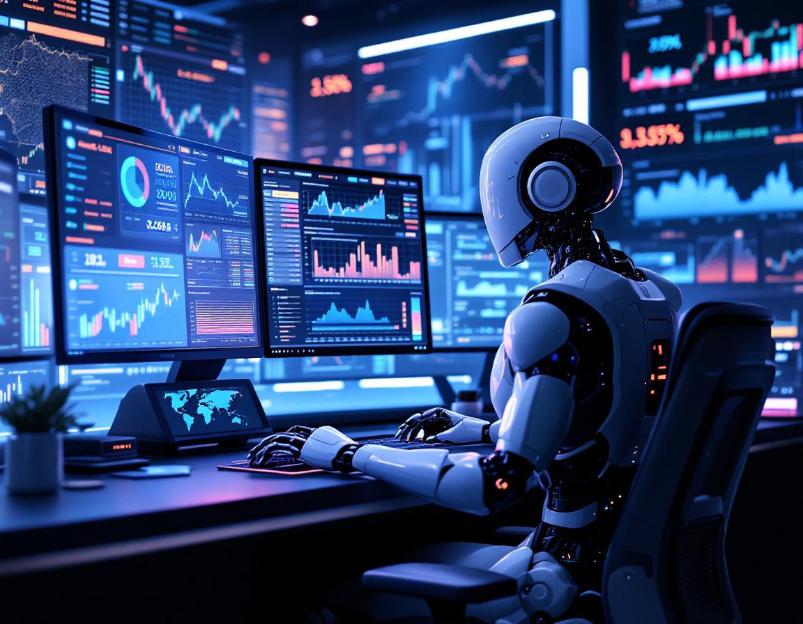 A humanoid AI trading bot analyzes market data at a high-tech workstation in a futuristic setting.