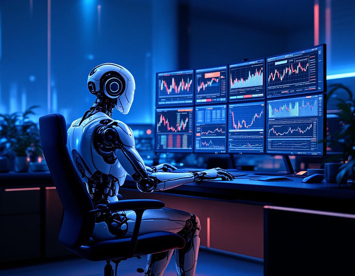 A humanoid AI trading bot analyses market data at a sleek workstation with multiple trading screens.