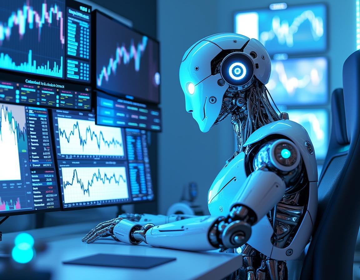 A hyper-realistic AI trading bot operates at a high-tech workstation analyzing crypto market data.
