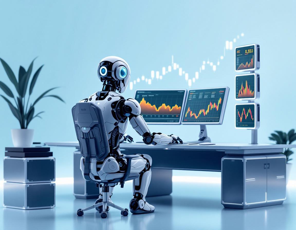 A hyper-realistic AI trading bot at a workstation analyzing diverse market data on multiple screens.