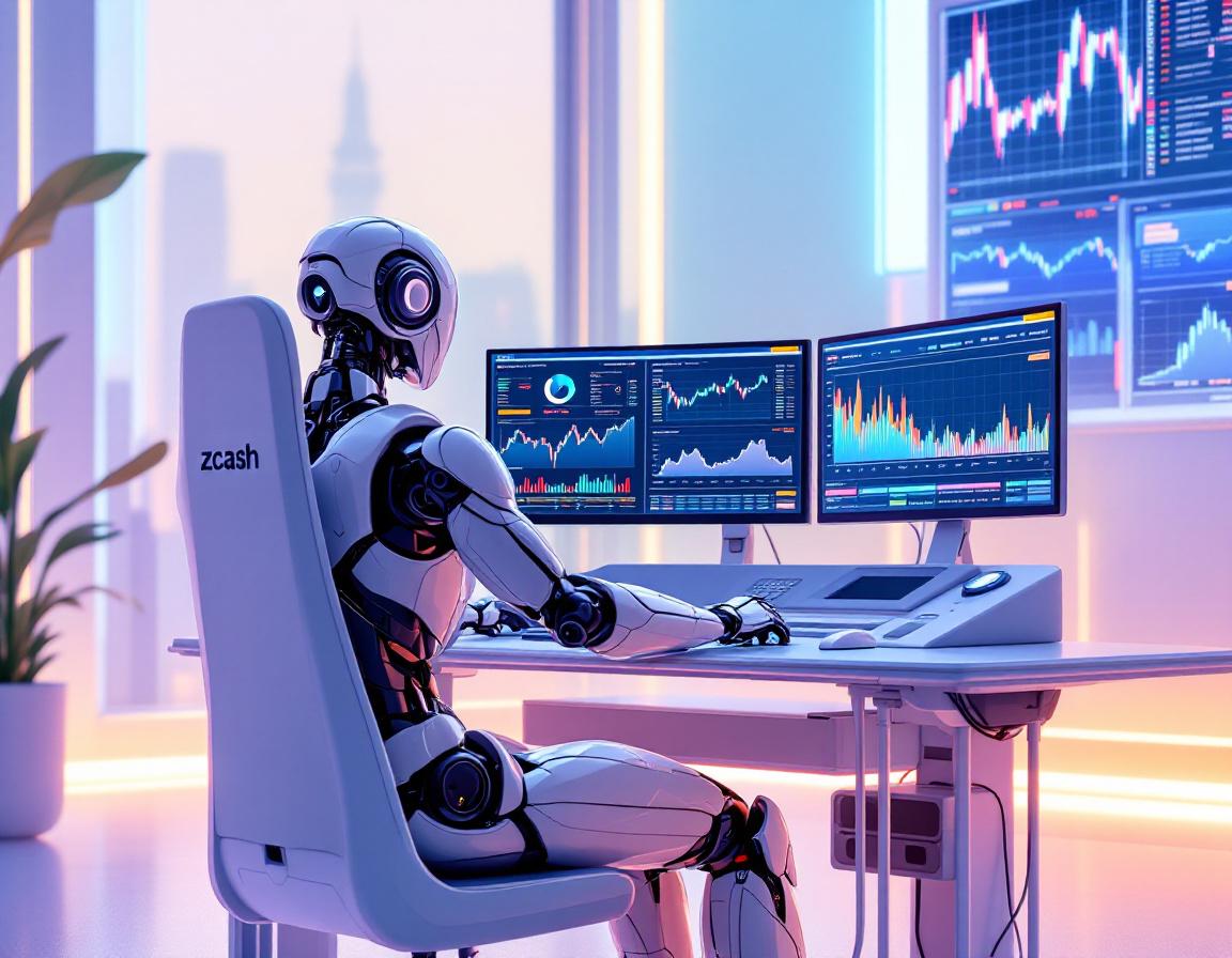 A humanoid AI trading bot analyzes market data at a high-tech workstation with data-rich screens.