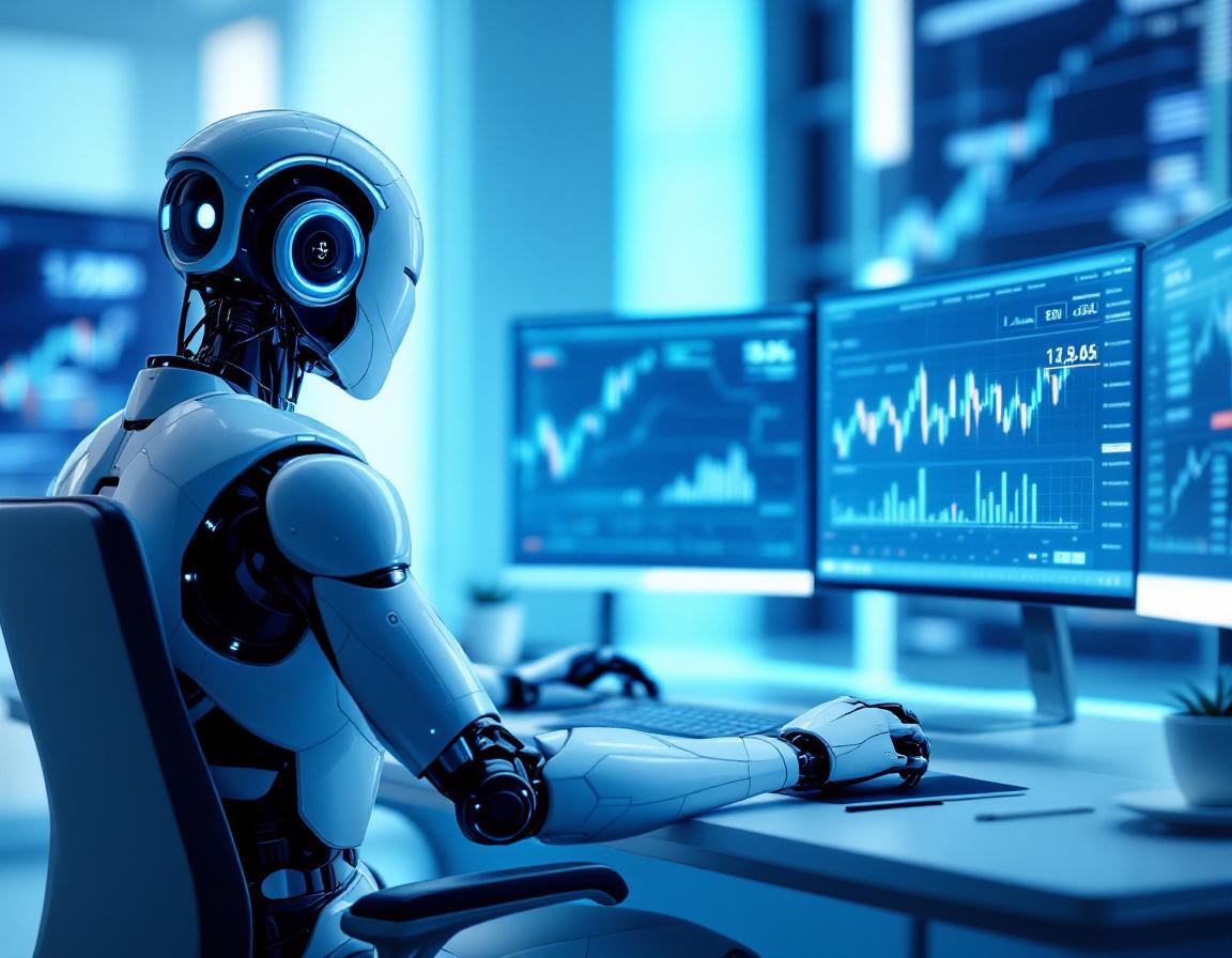 A humanoid AI trading bot analyzes market data at a high-tech workstation surrounded by screens.