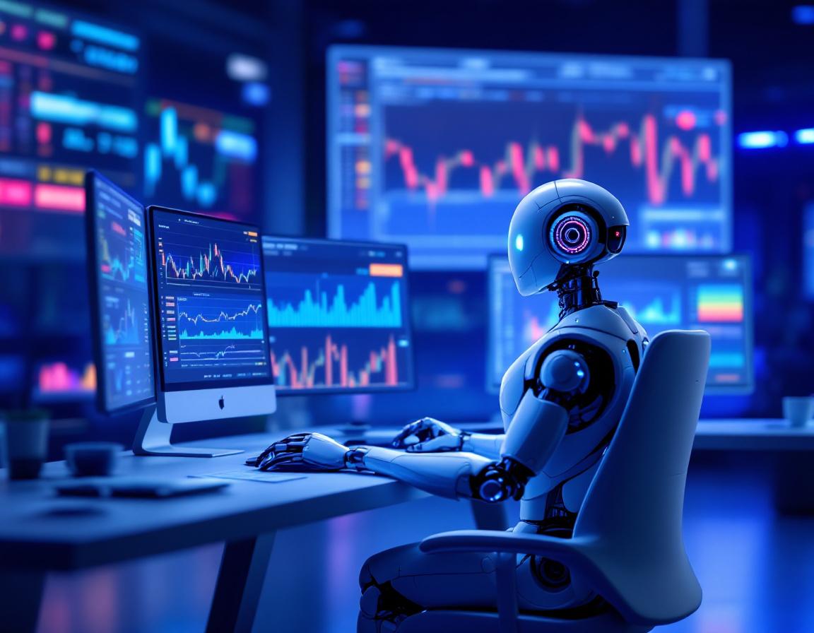 A humanoid AI trading bot analyzes market data at a high-tech workstation with multiple screens.
