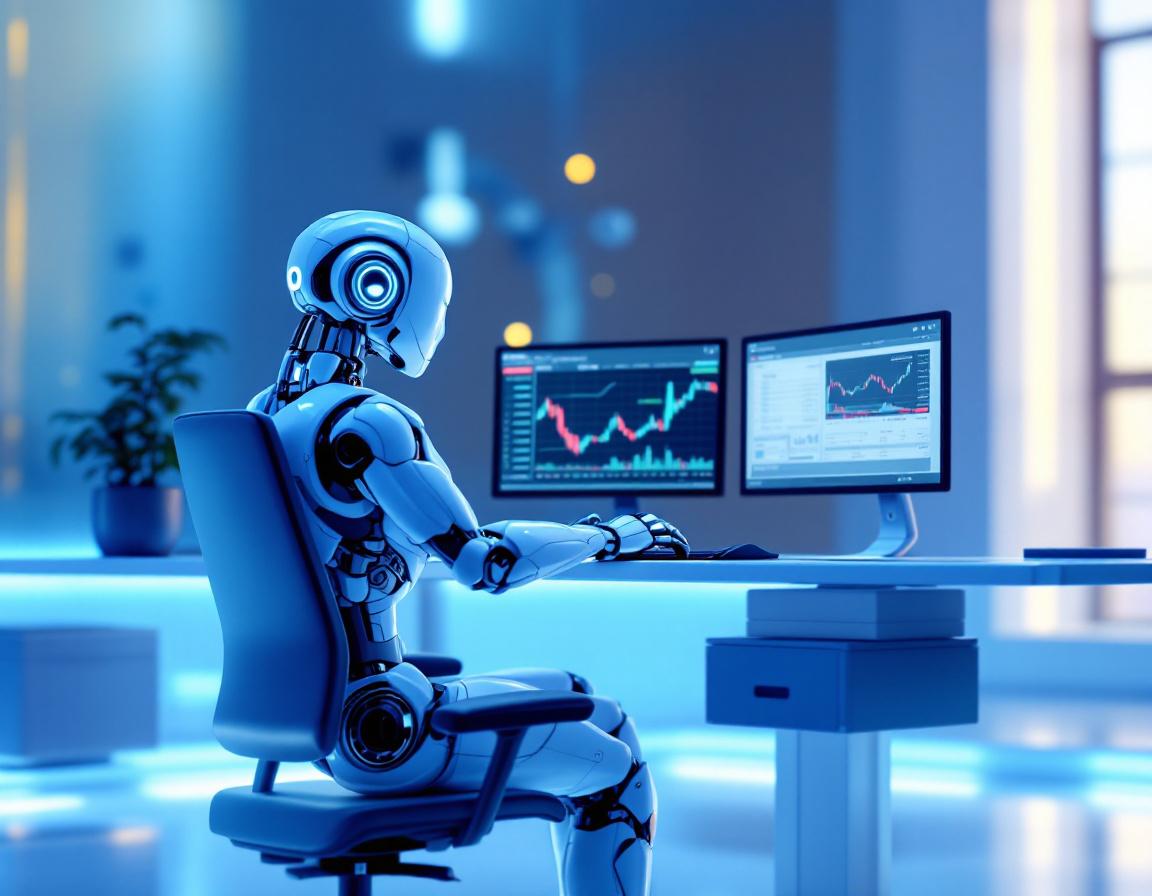 A humanoid AI trading bot analyzes markets at a high-tech workstation with multiple data screens.