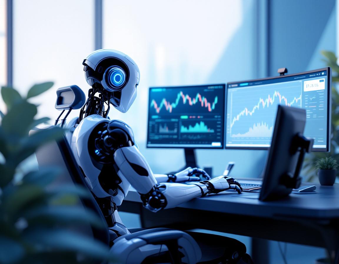 A humanoid AI trading bot analyzes market data at a futuristic workstation with multiple screens.