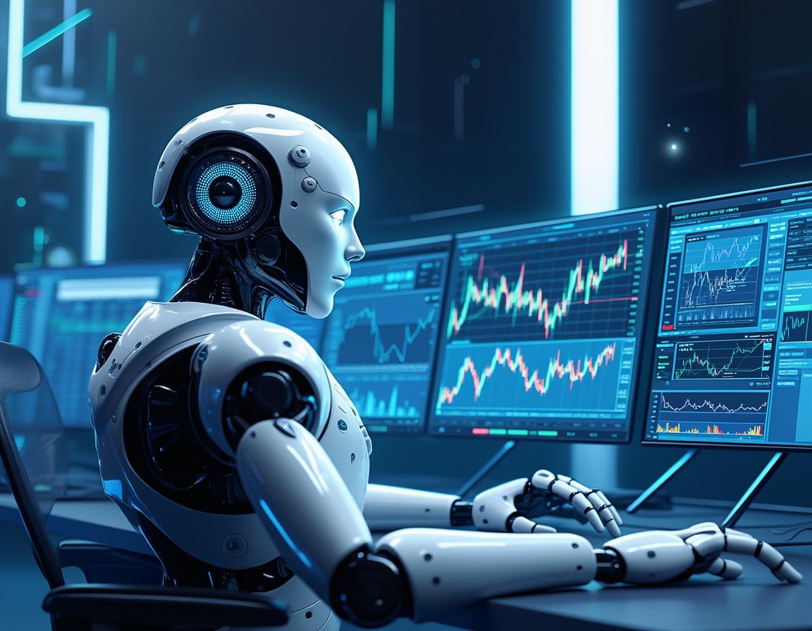A hyper-realistic AI trading bot at a high-tech workstation analyzing crypto and stock market data.