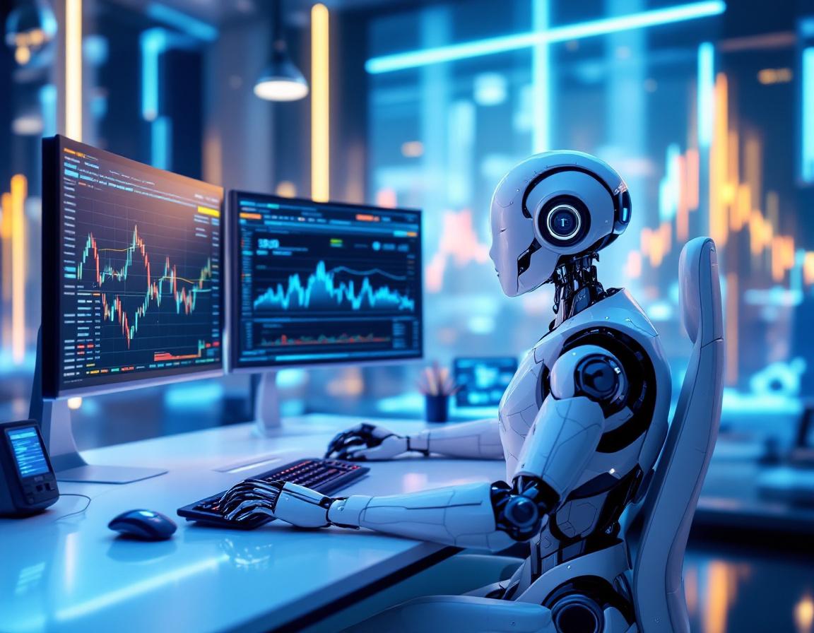 A hyper-realistic AI trading bot at a workstation analyzing crypto market data on vibrant screens.