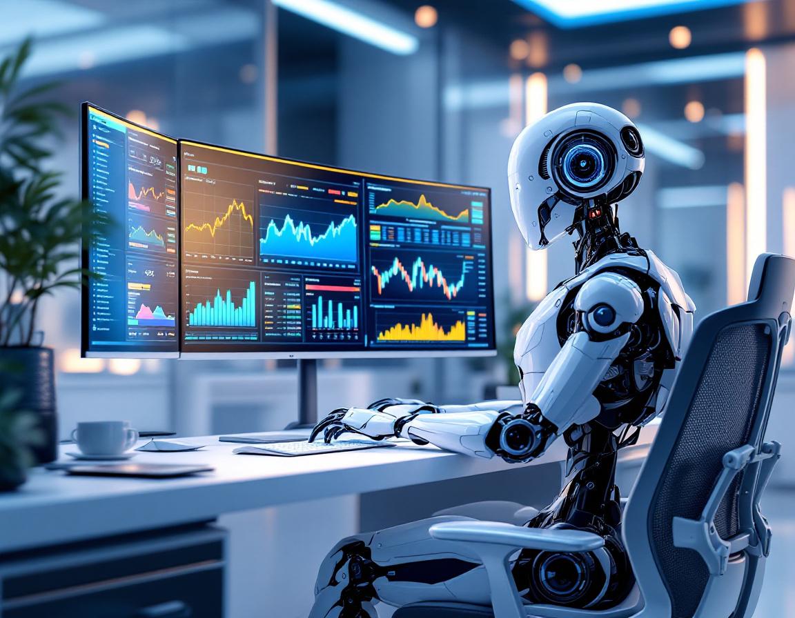 A humanoid AI trading bot analyzes market data in a futuristic environment with multiple screens.