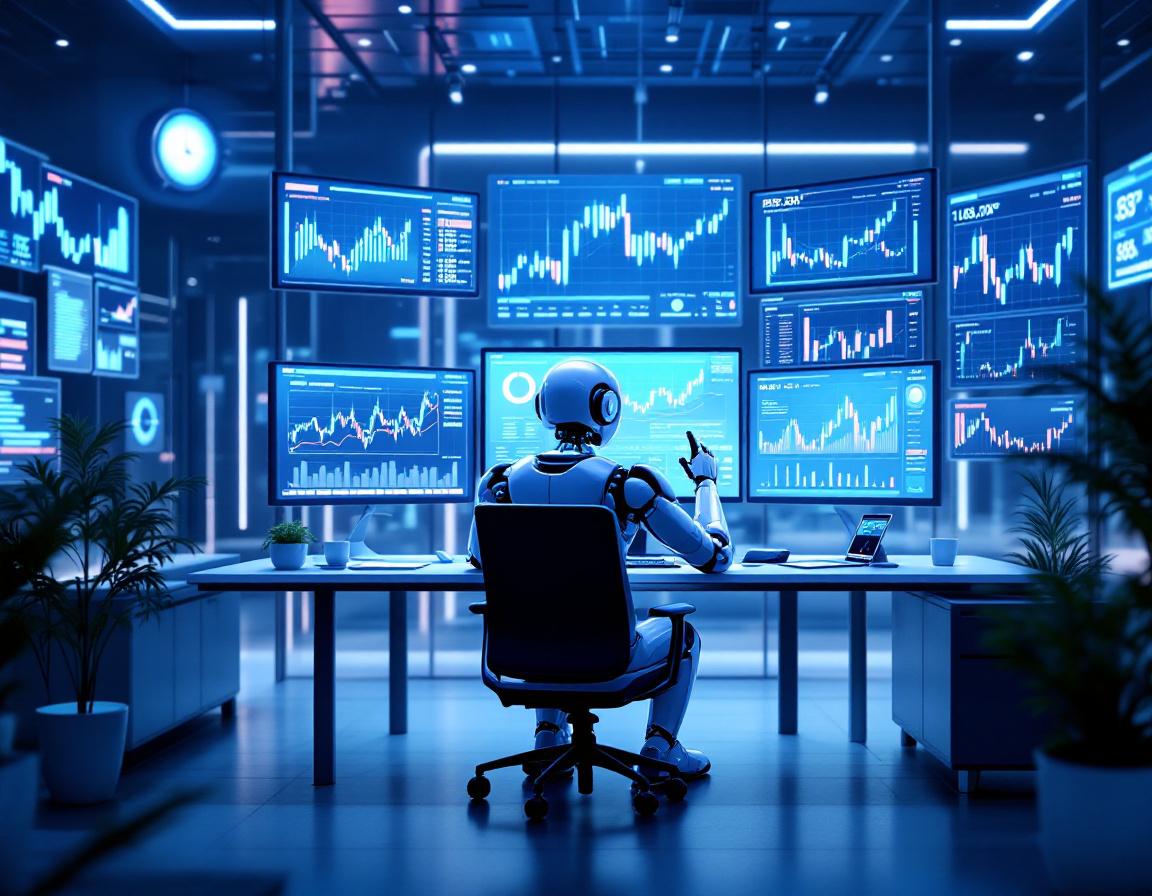 A hyper-realistic AI trading bot analyzes market data at a sleek workstation with multiple screens.