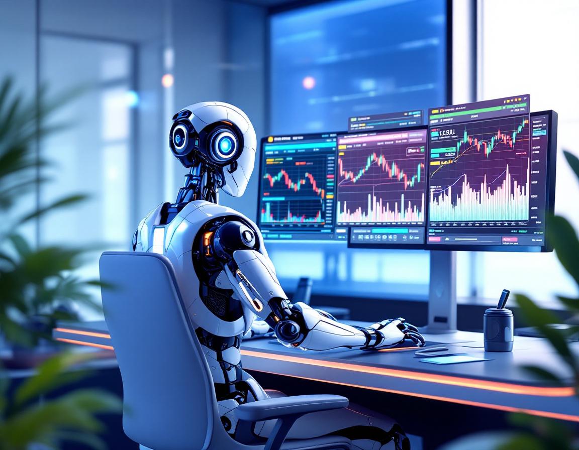 A humanoid AI trading bot at a workstation, analyzing market data on multiple glowing screens.