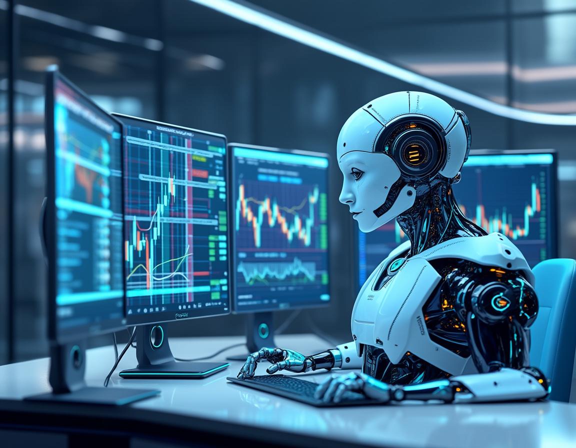 A humanoid AI trading bot at a high-tech workstation analyzes market data across multiple screens.
