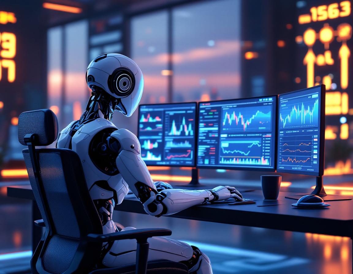 A humanoid AI trading bot analyzes market data at a high-tech workstation, with multiple screens.