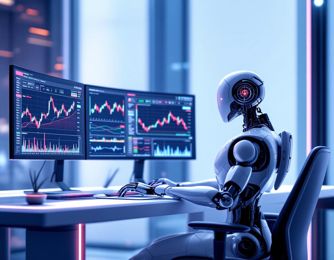 A sleek humanoid AI trading bot at a workstation analyzing market data across multiple screens.
