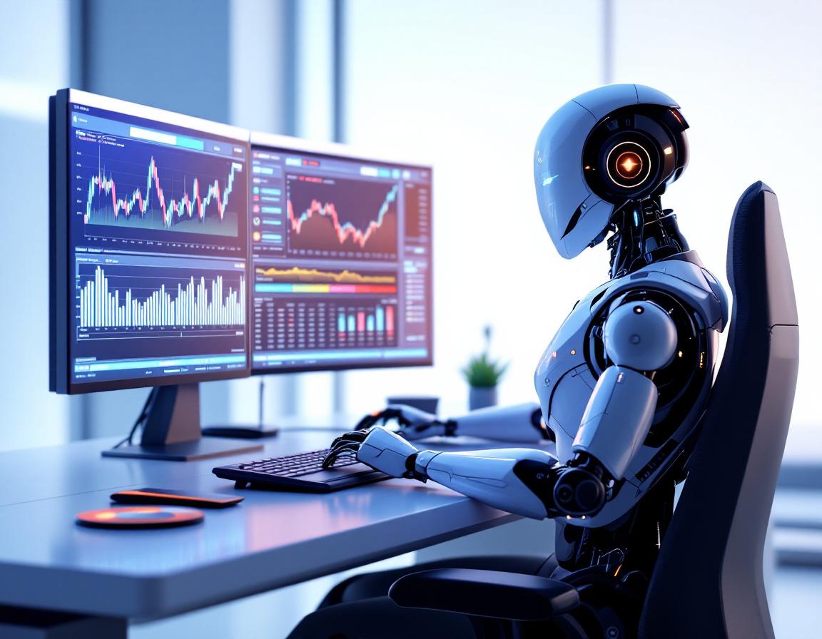 A hyper-realistic AI trading bot at a high-tech workstation analyzing stock and crypto market data.