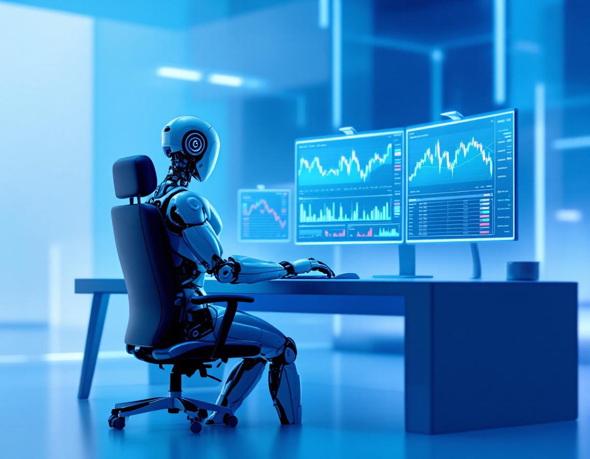 A hyper-realistic AI trading bot at a sleek workstation, analyzing multiple market data screens.