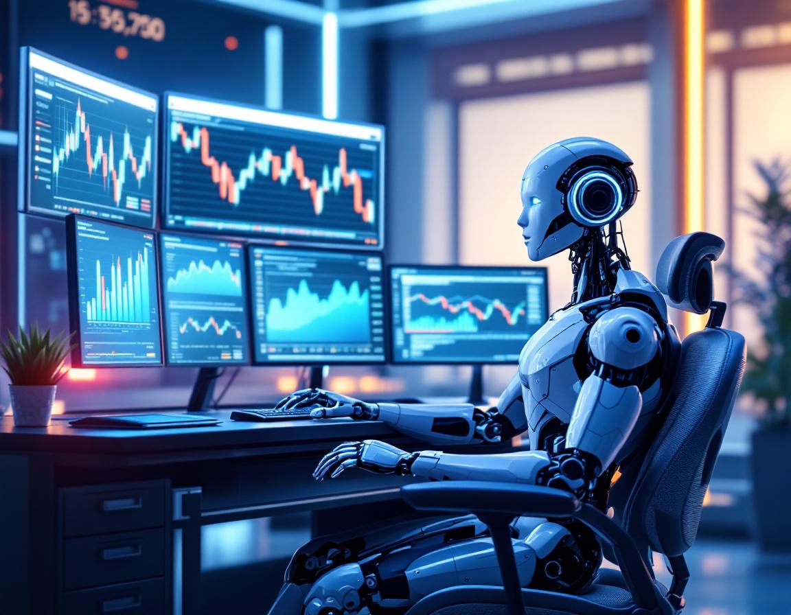 A hyper-realistic AI trading bot at a high-tech workstation analyzing stock and crypto market data.
