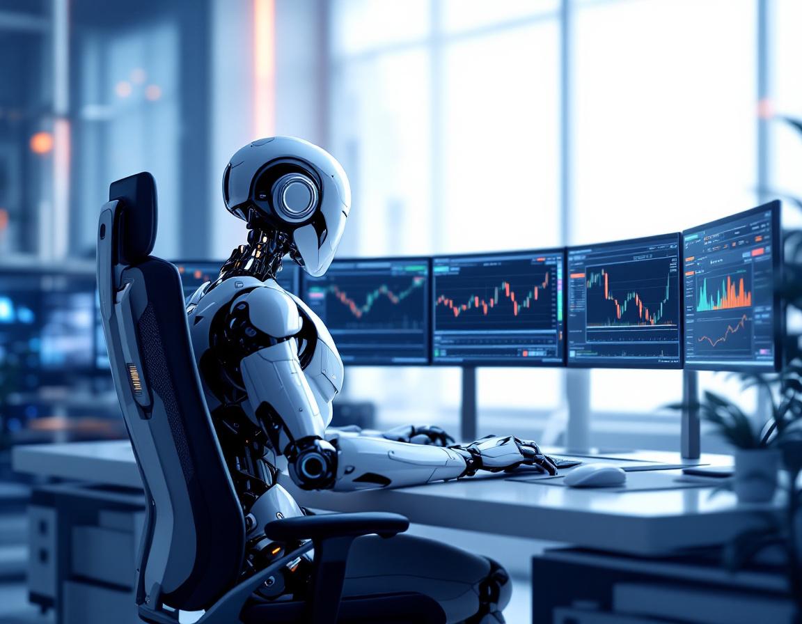 A hyper-realistic AI trading bot at a high-tech workstation analyzing data on multiple screens.