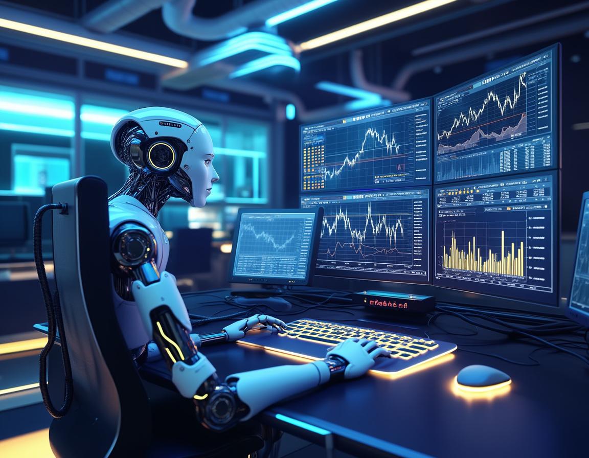 A hyper-realistic AI trading bot at a workstation, analyzing market data with vibrant screens.