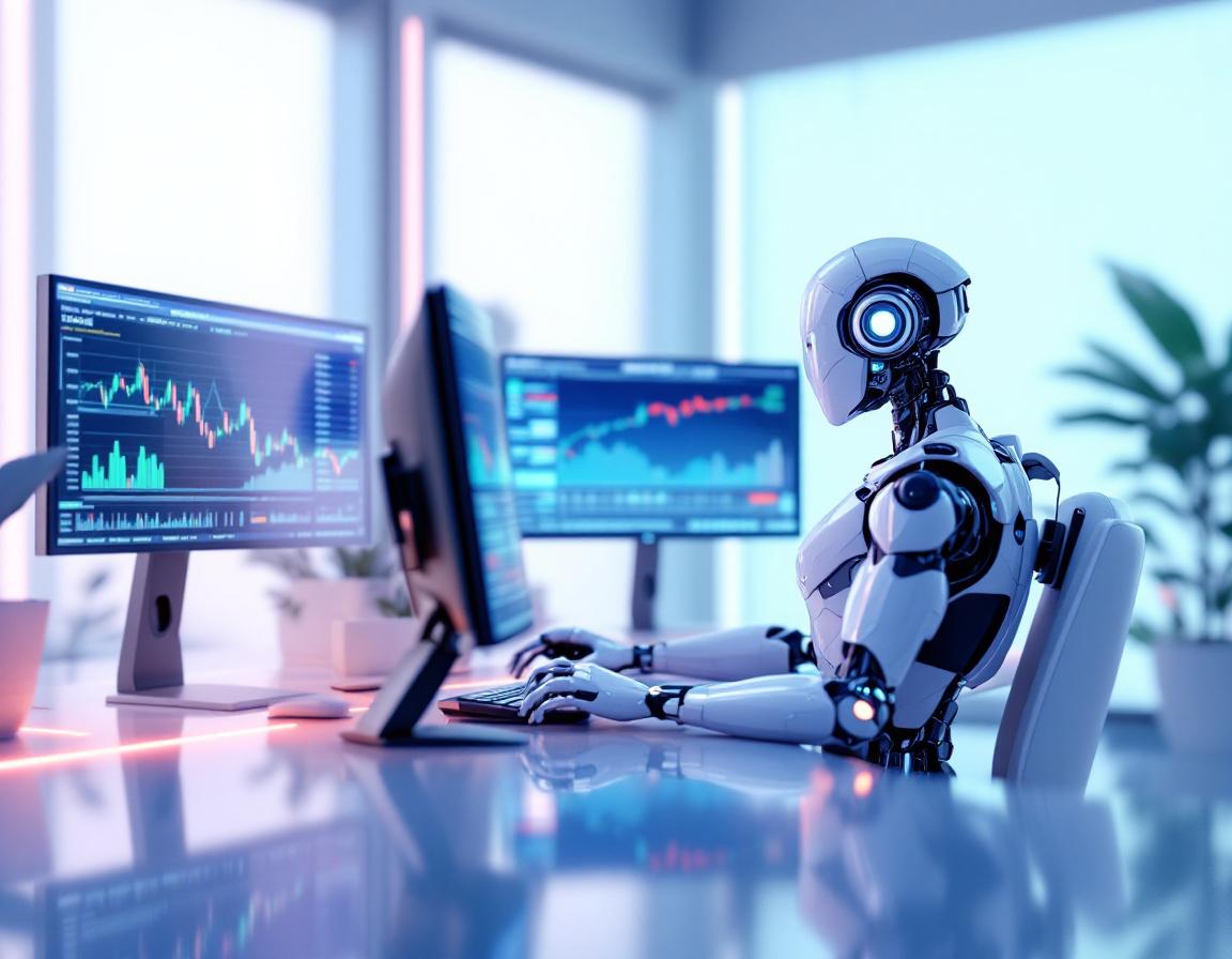 A humanoid AI trading bot at a workstation analyzing market data across multiple glowing screens.
