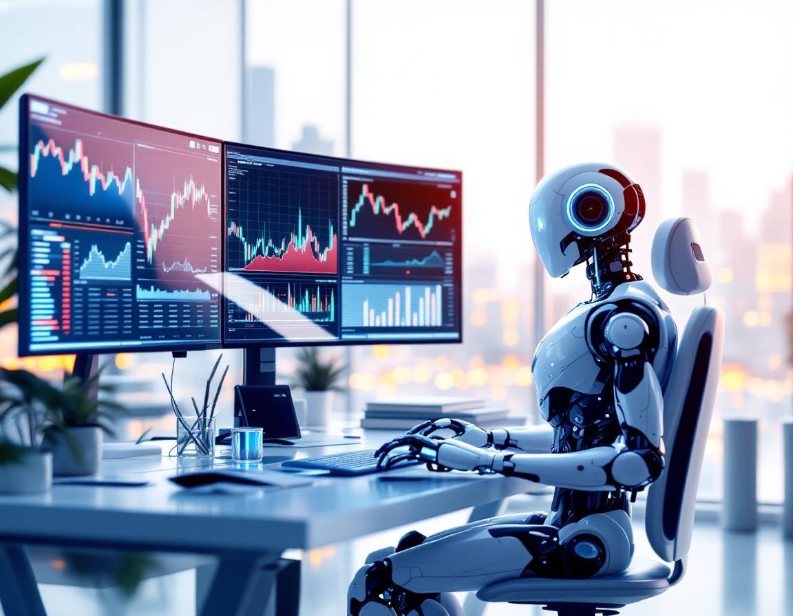 A humanoid AI trading bot analyzes market data at a high-tech workstation with glowing screens.