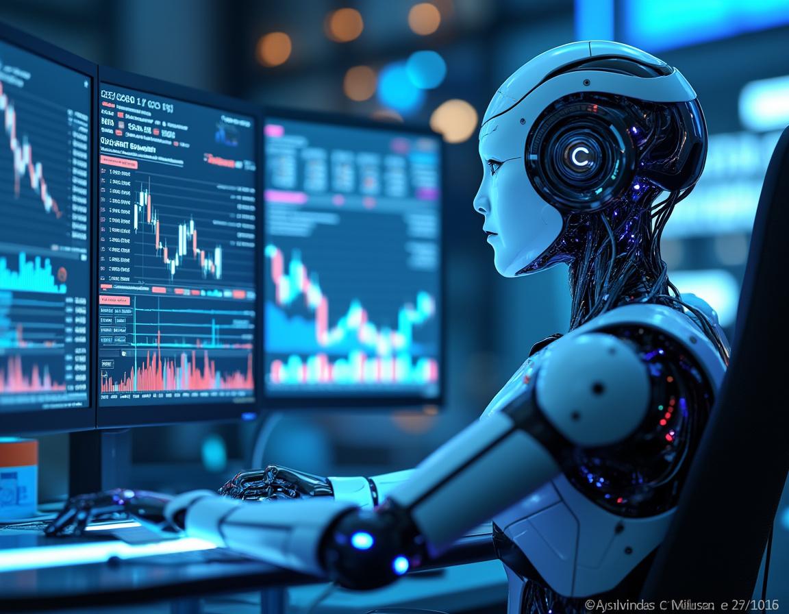 A humanoid AI trading bot analyzes market data at a futuristic workstation with glowing screens.