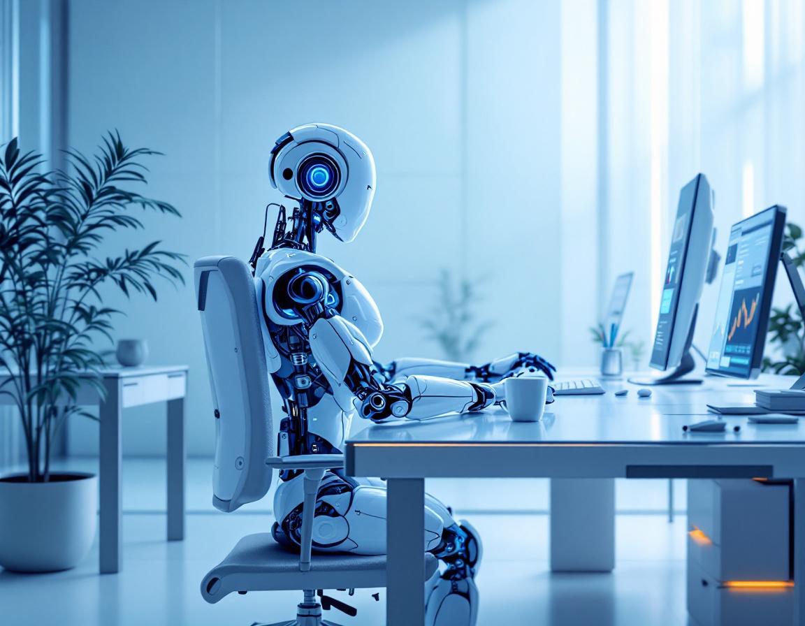 A humanoid AI trading bot analyzes market data at a futuristic workstation with multiple screens.