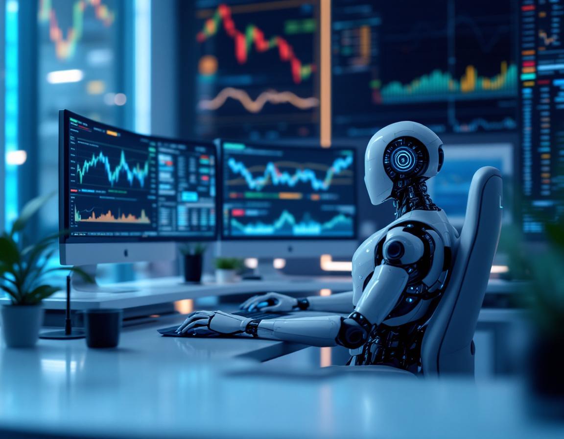 A hyper-realistic AI trading bot in a high-tech workstation analyzing crypto and stock market data.