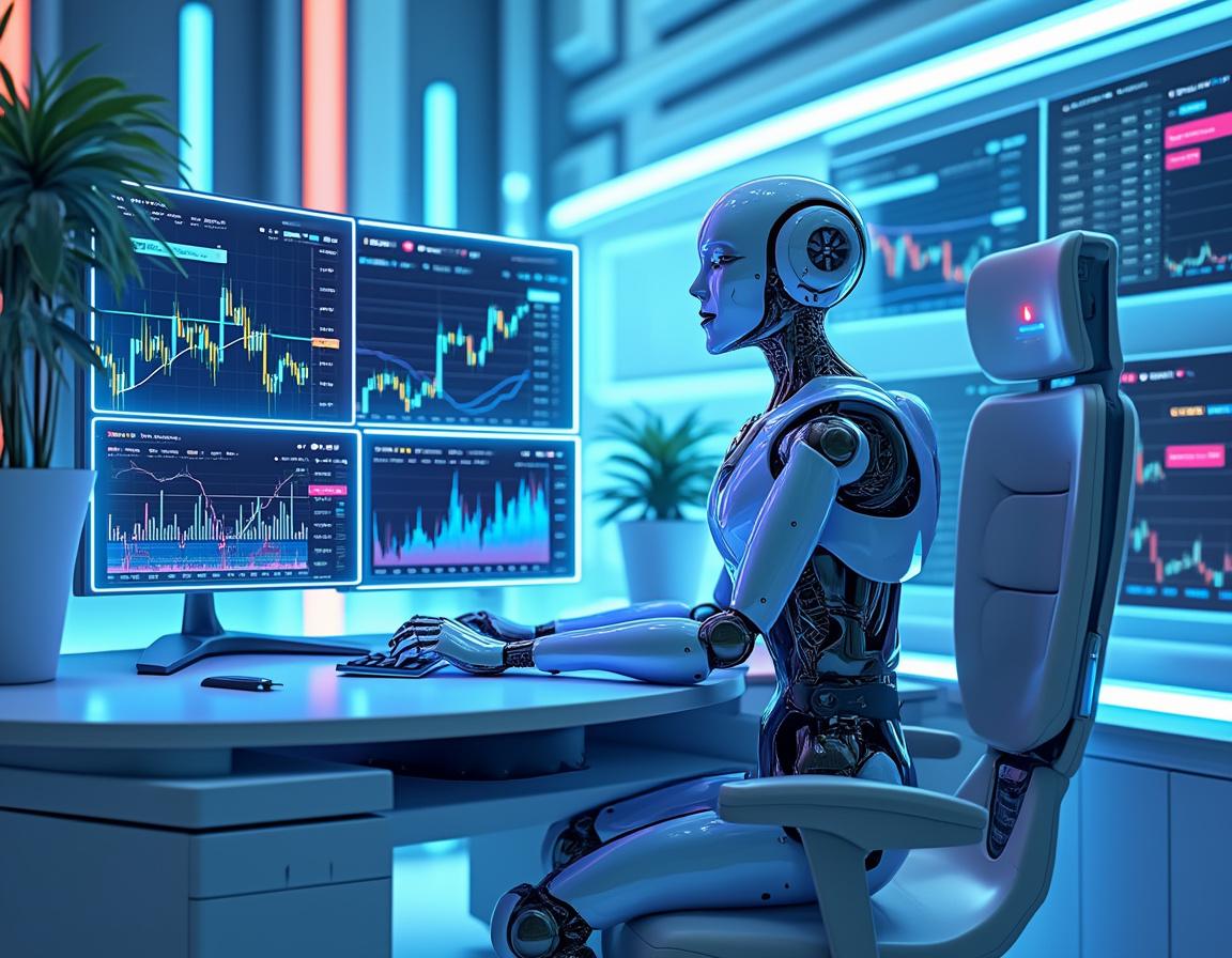 A hyper-realistic AI trading bot at a sleek workstation, analyzing market data on multiple screens.