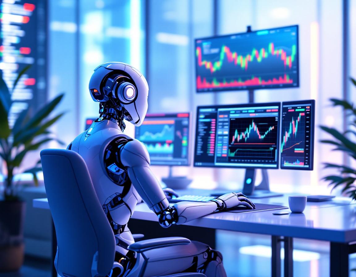A hyper-realistic AI trading bot at a sleek workstation, analyzing market data on multiple screens.