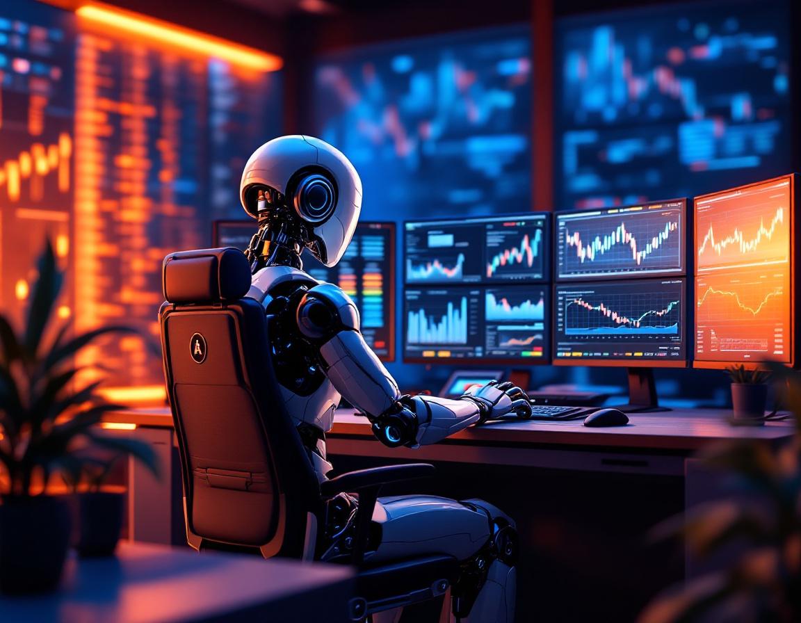 A hyper-realistic AI trading bot at a sleek workstation analyzing market data on multiple screens.